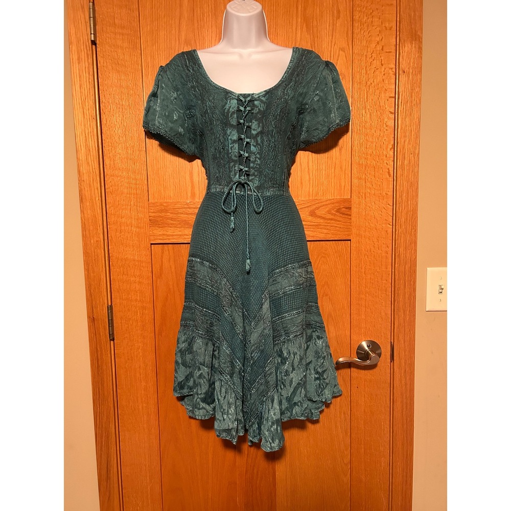 Boho Renaissance Teal Blue Lace Up Smocked Rayon Handkerchief Hem Midi Dress OS